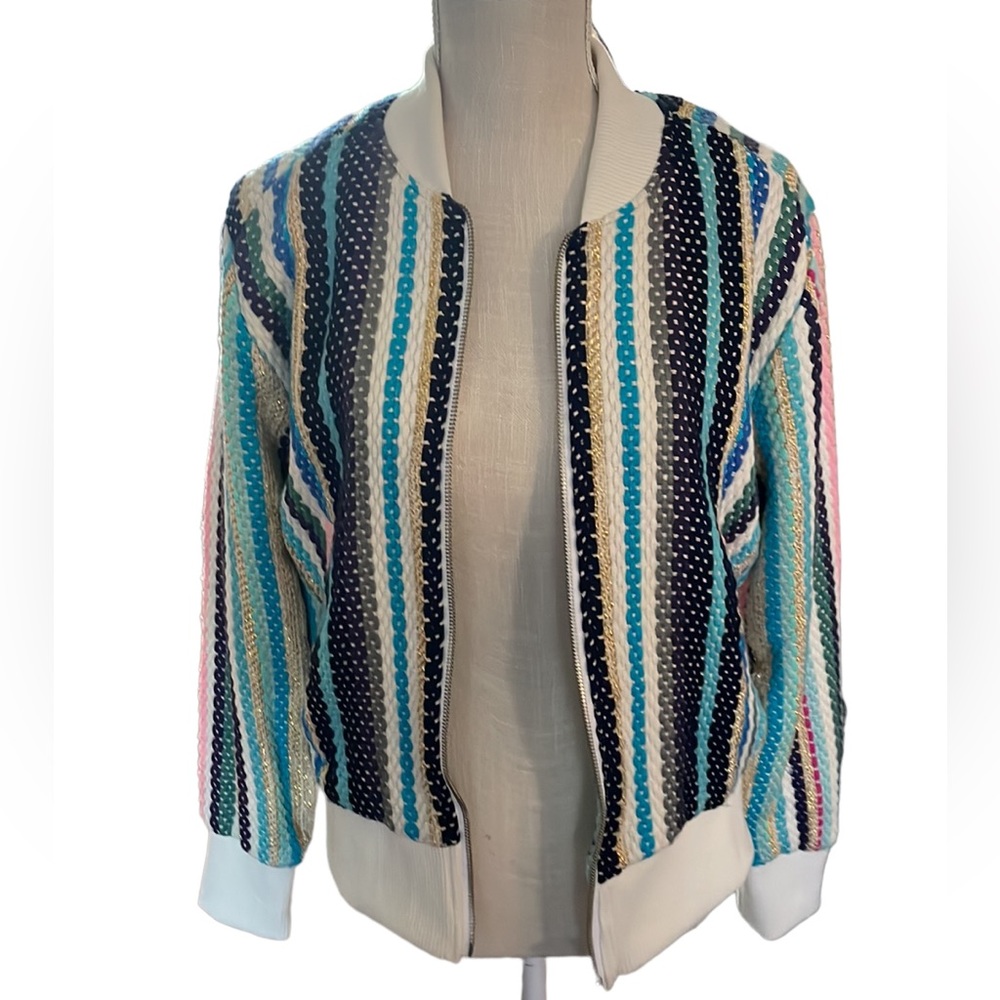 NEW, America and Beyond Rainbow Boho Stripe Bomber Jacket Faux Fur Lining, Sz M - Picture 3 of 10